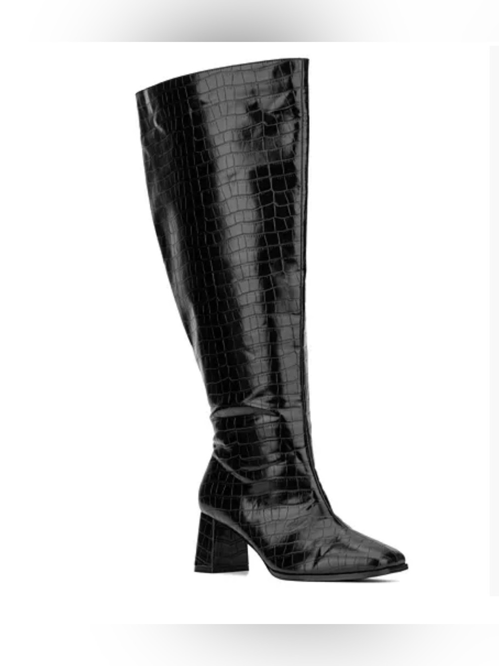 Women's Black Croc-Embossed Knee-High Block Heel Boot